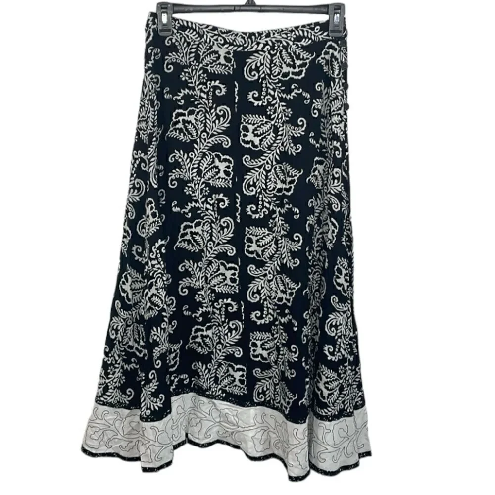 Soft Surroundings Maxi Skirt Paisley Black and White with ruffle hem size PM